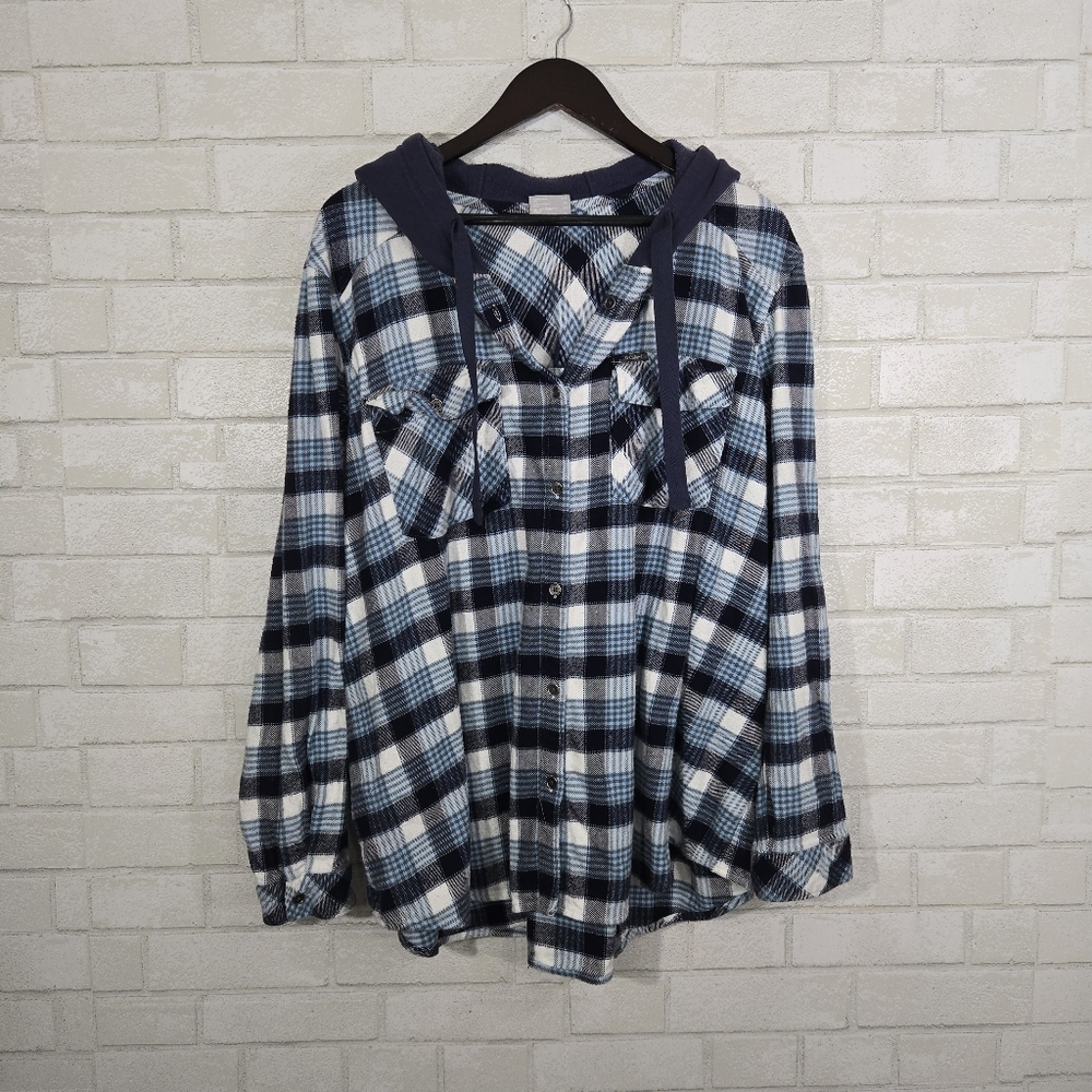 Columbia Blue and Navy Plaid Casual Button-Down Shirt with Hood